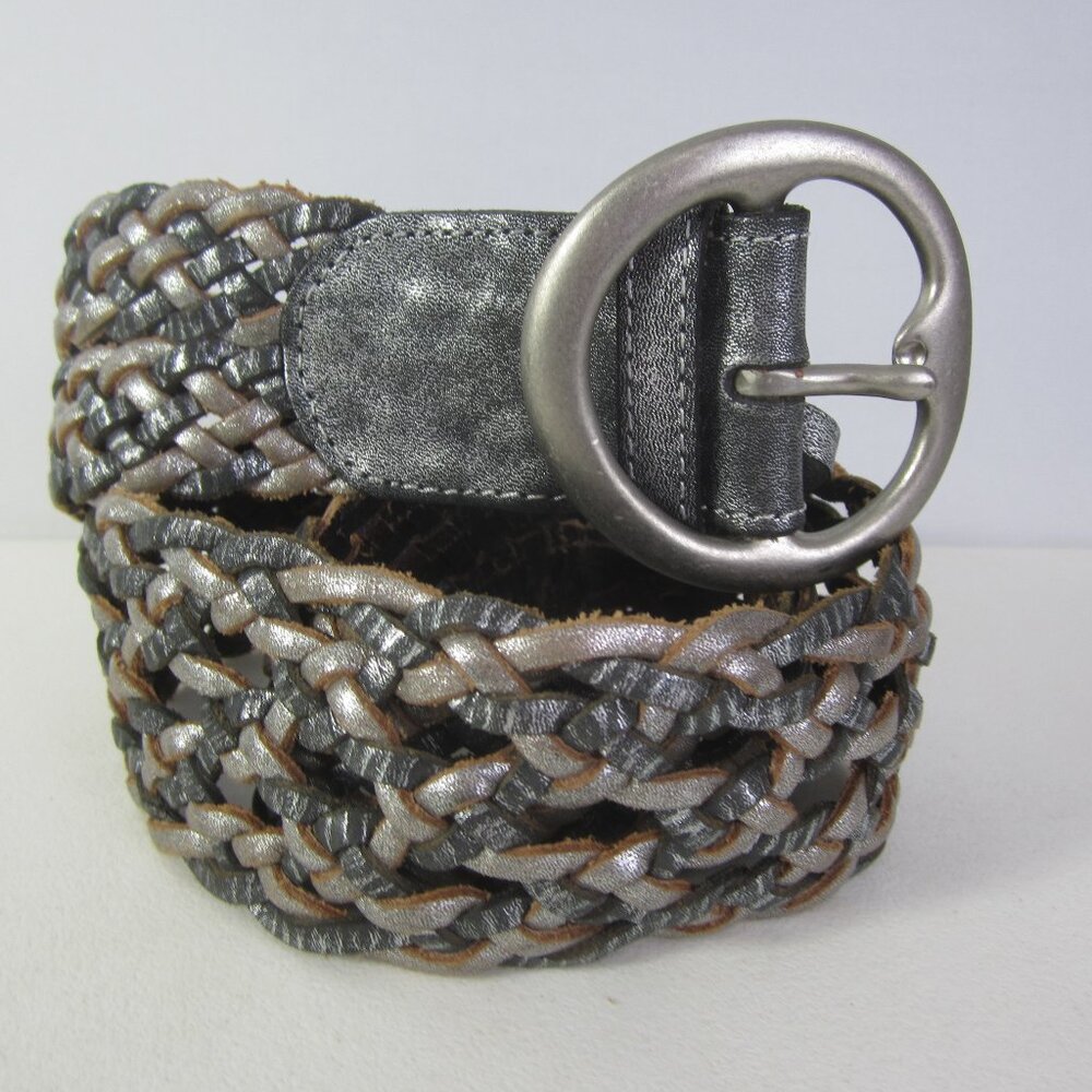 New LInea Pelle Women S Metallic Bronze Pewter Woven Leather Wide Belt 28" - 32"